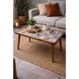 Eskitme Masif Ahşap Üstü Seramik Orta Sehpa 34X64 cm Dikdörtgen Dekoratif Yan Sehpa