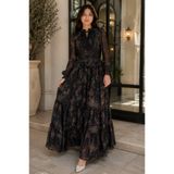 Eslem Bulut Boutique Kadın Siyah Paisley Desenli Uzun Kollu Lastikli Bel Katlı Volanlı Maxi Boy Şifon Elbise