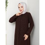 Eslemnur Lotus Çiçek Taşlı Büyük Beden Anne Elbisesi - Kahverengi - 54