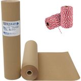 Eslenta Kraft Rulo Ambalaj Kağıdı ve Kırmızı Paketleme İpi Seti, 50 cm x 10 m, 2 Parça, Kahverengi/Kırmızı