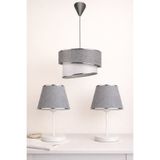 Eslight Modern 3'lü Rüzgar Aydınlatma Seti - Açık Gri Kumaş Sarkıt Avize ve 2'li Beyaz Ayaklı Abajur Masa Lambası S678