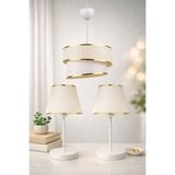 Eslight Modern 3'lü Rüzgar Aydınlatma Seti - Krem Kumaş Sarkıt Avize ve 2'li Beyaz Ayaklı Abajur Masa Lambası S678