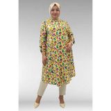 Eslina 68014 Büyük Beden Hakimyaka Çift Düğmeli Mango Tunik - Desenli Sarı