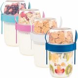 Esmo Home 650 ml Take-Go Kaşıklı Hazneli Meyveli Müsli Kabı Piknik Iş Yoğurt Süt Bardağı Kapaklı ve Kaşıklı Kahvaltı Bardakları, Tahıl Tepesi Yulaf Ezmesi Granola (4'lü Set) - 1/100 Toz Ceviz