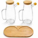 Esmo Home Bambu Kapaklı Cam Yağdanlık Seti 2’li, 900 ml Ölçü Göstergeli Dayanıklı Şeffaf Cam Yağdanlık, Kaymaz Özel Yuvalı Doğal Bambu Tepsi. - 1BW-Beyaz - --