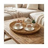 Esmo Home Buffer 40 cm Plastik Rattan Tepsi, Hasır Görünümlü Dekoratif Servis Tepsisi, Mutfak Kahvaltı Sunum Masaüstü Organizer - Kestane Akaju - Option-1
