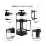 Esmo Home Kanji 350 ml Cam French Press + Ölçü Kaşığı – Isıya Dayanıklı Cam, Paslanmaz Çelik Filtreli, Siyah Renkli Kahve ve Bitki Çayı Demliği - Option-1 - 001-Renkli