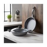 Esmo Home Papilla Argos 3 Parça Karnıyarık Tencere ve Tava Seti - 26 cm Ortak Cam Kapaklı Gri Kırçıl Granit Görünümlü Yanmaz Yapışmaz Takım - Option-1