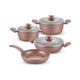 Esmo Home Papilla Argos 7 Parça Tencere ve Tava Seti - Pembe Kırçıl Renkli Yanmaz Yapışmaz Çeyiz Paketi Cam Kapaklı (20/24/26 cm Tencere + 26 cm Tava) - Option-1 - --