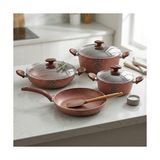 Esmo Home Papilla Optimum Argos 7 Parça Tencere ve Tava Seti - Bakır Kırçıl Renkli Yanmaz Yapışmaz Çeyiz Paketi Cam Kapaklı (20/24/26 cm Tencere + 26 cm Tava) - Option-1 - --