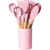Esmo Home Pembe 12 Parça Ahşap Sap Silikon Mutfak Pasta Silikon Kepçe Çırpıcı Fırça Kevgir Kaşıklık Maşa Spatula Set - Kestane Akaju - Option-1