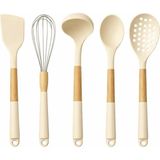 Esmo Home Silikon Mutfak Pişirme Gereçleri Seti, 5 Parça Yapışmaz Mutfak Gereçleri Seti Ahşap Saplı Spatula Seti Isıya Dayanıklı Silikon Tencere Mutfak Gereçleri (Beyaz) - Kestane Akaju - Option-1