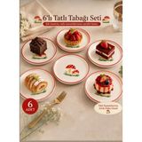 Esnaf Dede Seramik Tatlı Tabağı Seti Mantar Desenli Kırmızı Biyeli Pasta Servis Sunum Tabağı 6 Kişilik