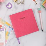Esnek Kapaklı Noktalı Defter 16,5x16,5 Pembe Vegan Deri | 96 Yaprak, 90 gr. Ivory Krem Kağıt, Noktalı İç Dizayn, Yan Boyama