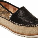 Espadrilles J.Tempe Negro Önü Siyah Arkası Altın Payetli Hasır Taban Dolgu Topuklu Kadın Ayakkabı