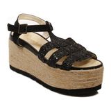 Espadrilles Quassy Siyah Hasır Yüksek Taban Simli Sandalet Kadın Ayakkabı - Black