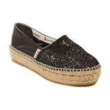 Espadrilles Tommy Glit Siyah Önü Simli Arkası Deri Hasır Tabanlı Dolgu Topuklu Kadın Ayakkabı - Black