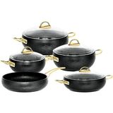 Espela - 3545 - 9 Parça - Bio Granit -Tencere, Tava, Çeyiz Seti, Siyah Renk - Gold Detay - Altın