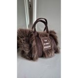 espoi collection Kadın Kahverengi Peluş Detaylı Bonjour Nakışlı El ve Omuz Çantası