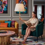 Espoir Fransız Tasarım Lambader Gold Gövde Keten Kumaş Şapkalı Salon Lambası Modern Lüks Aydınlatma