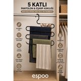 Espoo Design Siyah Metal 5 Katlı Dolap Içi Pantolon Eşarp Şal Askısı , Çoklu Askılık, Dekoratif Akıllı Askı