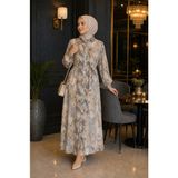 Esra Butik %100 Pamuklu Mango Kumaş Boydan Düğmeli Kuşaklı Tesettür Elbise 135 cm Desenli - L - XL - Bej