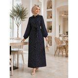 Esra Butik %100 Pamuklu-Puantiye Desenli Mango Kumaş Kuşaklı Gömlek Elbise – Yan Cepli | 135 cm - L - XL - Siyah
