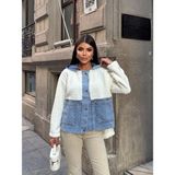 Esra Butik Kadın %100 Pamuk Kapüşonlu Çıtçıtlı Denim Detaylı Peluş Ceket – Oversize Günlük Mont - 36 - -- - Beyaz