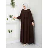 Esra Butik Kahverengi Medine Ipeği Robalı Uzun Elbise 140 cm Şık Tesettür Elbise - 2