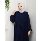 Esra Butik Lacivert Medine Ipeği Robalı Uzun Elbise 140 cm Rahat Kesim Tesettür Elbise - 2