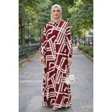 Esra Butik Modern Desenli Bordo Tesettür Elbise Boydan Düğmeli 140 cm Günlük Şık Elbise - S - M