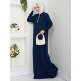 Esra Butik Selanik Kumaş Yarım Fermuarlı Boydan Elbise – 145 cm Uzun Tesettür Elbise Lacivert