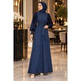 Esra Butik ✨ Taşlanmış Ipek Cupra Elbise | Desenli Kol & Kuşaklı Şık Tasarım - Lacivert - 3