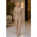 Esra Butik78 İnce Tensel Kumaş Bel Büzgülü Pantolonlu Tesettür Takım - Taş & Vizon Renk