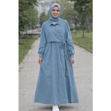 Esra Butik78 Kadın Açık Mavi Kot Elbise 140 cm | Kuşaklı Kruvaze Yaka Uzun Kollu Tesettür Günlük Jean Elbise
