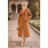 Esra Butik78 Kadın Camel Kuşaklı Uzun Kaban – Hakim Yaka, Cepli, Kışlık Şık Tesettür Mont