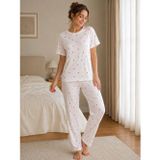 Esra Butik78 Kadın Milan Kumaş Kısa Kollu Pijama Takımı – Beyaz/Krem Desenli