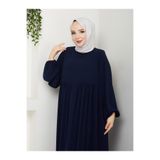 Esra Butik78 Lacivert Medine İpeği Robalı Uzun Elbise 140 cm Rahat Kesim Tesettür Elbise lcvrt01-Lacivert