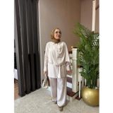 Esra Butik78 Modal Cupra Şal Detaylı İkili Takım – Bej & Kahve | Şık ve Modern Tesettür Kombini