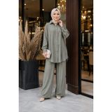 Esra Butik78 Yıkanmış Tensel Kumaş Boydan Düğmeli Tesettür Tunik Pantolon Takımı – Haki Açık Yeşil 1 DGML-TKM-001