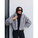Esra Helvacı Çıtçıtlı Kapüşon Kürk Kadın Gri Uzun Kol Astarlı Polyester Kalın Kaban