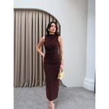 Esra Helvacı Drapeli Midi Elbise Abiye Stilinde Yırtmaçlı Acı Kahve Renk Kadın Bodycon Silüet