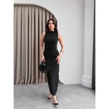 Esra Helvacı Drapeli Midi Elbise Klasik Stil Yırtmaçlı Kadın Bodycon Tasarım Siyah Renk