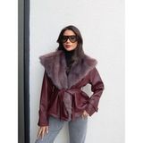 Esra Helvacı Kürk Yaka Kuşaklı Deri Ceket - Bordo