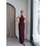 Esra Helvacı Sırtı Açık Dantelli Uzun Elbise - Mürdüm