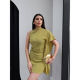 Esra Helvacı Toka Detay Tek Kol Dökümlü Mini Elbise - Hardal