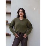 Esra Helvacı V Yaka Kol Düğmeli Yumoş Kazak - Haki - Standart