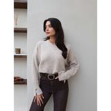 Esra Helvacı V Yaka Kol Düğmeli Yumoş Kazak - Taş - Standart