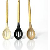 Esranın Dünyası Deconox 30 cm Bambu Saplı Silikon Delikli Servis Kaşığı, Asorti Renkli Mutfak Servis Kaşığı, Krem Siyah Bej Renk Seçenekli, Delikli Kaşık, Salata Makarna Sebze Servis Aparatı, Yapışmaz Yüzeylere Uygun