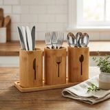 Esranın Dünyası Deconox 3'lü Doğal Bambu Kaşıklık Seti - Ahşap Standlı Tezgah Üstü Çatal Kaşık Bıçak Düzenleyici Şık Mutfak Organizeri (Stand: 33X13X2 Cm/kaşıklık: 10X12 Cm) - 0 - 19 L